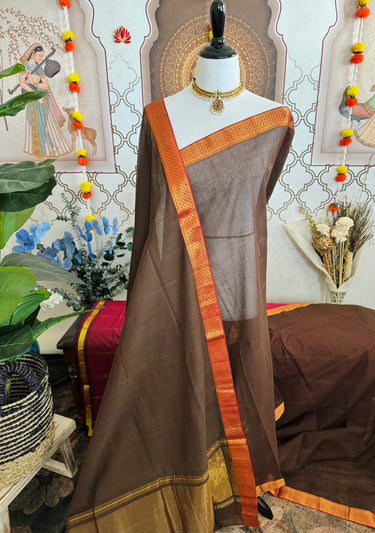 Handwoven Mangalgiri Cotton Saree | Brown | Gold Zari | Handwoven | Ships from California